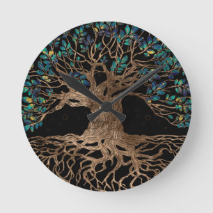 Tree of life -Yggdrasil Golden and Marble ornament Round Clock