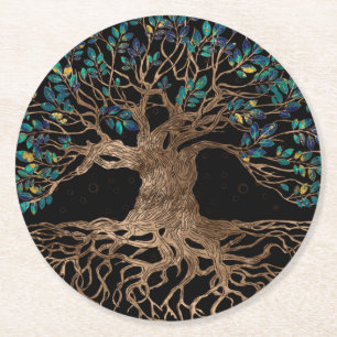 Tree of life -Yggdrasil Golden and Marble ornament Round Paper Coaster