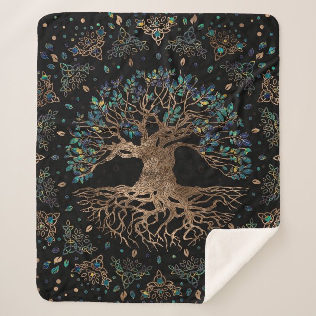 Tree of life -Yggdrasil Golden and Marble ornament Sherpa Blanket (Front)