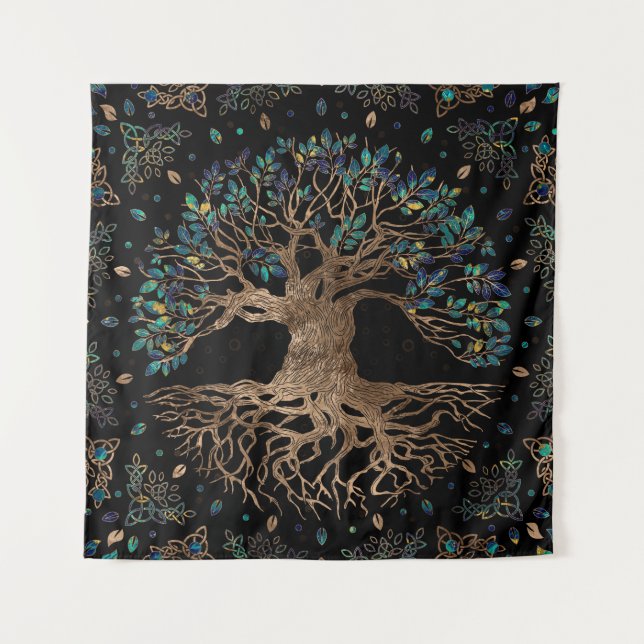 Tree of life -Yggdrasil Golden and Marble ornament Tapestry (Front)