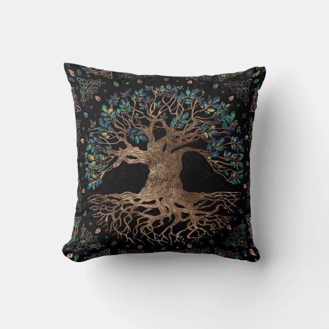 Tree of life -Yggdrasil Golden and Marble ornament Throw Pillow (Front)