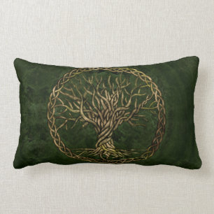 Tree of life -Yggdrasil -green and gold Lumbar Pillow