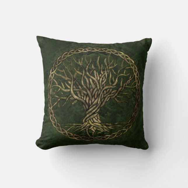 Tree of life -Yggdrasil -green and gold Throw Pillow (Front)