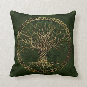 Tree of life -Yggdrasil -green and gold Throw Pillow