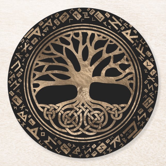 Tree of life -Yggdrasil Runic Pattern Round Paper Coaster (Front)