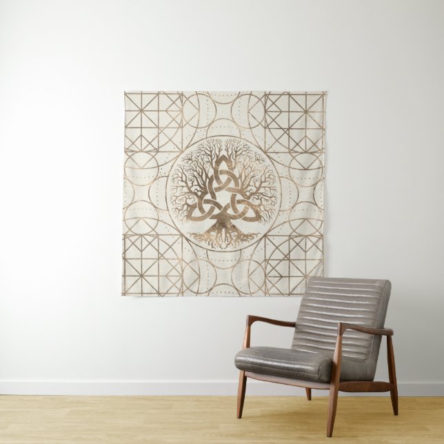 Tree of life -Yggdrasil with Triquetra Pastel gold Tapestry (In Situ)