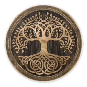 Tree of life -Yggdrasil - Wood Bark and Gold Ceramic Knob
