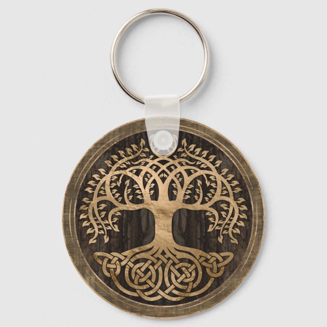Tree of life -Yggdrasil - Wood Bark and Gold Keychain (Front)