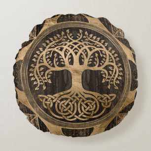 Tree of life -Yggdrasil - Wood Bark and Gold Round Pillow