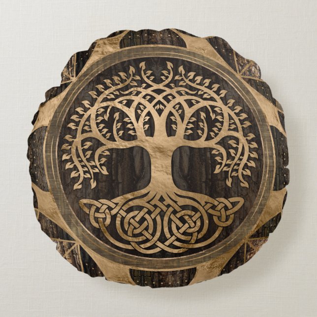 Tree of life -Yggdrasil - Wood Bark and Gold Round Pillow (Front)