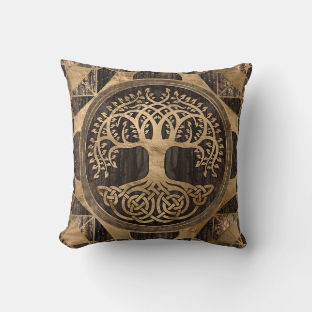 Tree of life -Yggdrasil - Wood Bark and Gold Throw Pillow (Front)
