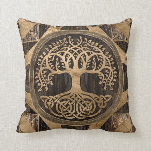 Tree of life -Yggdrasil - Wood Bark and Gold Throw Pillow