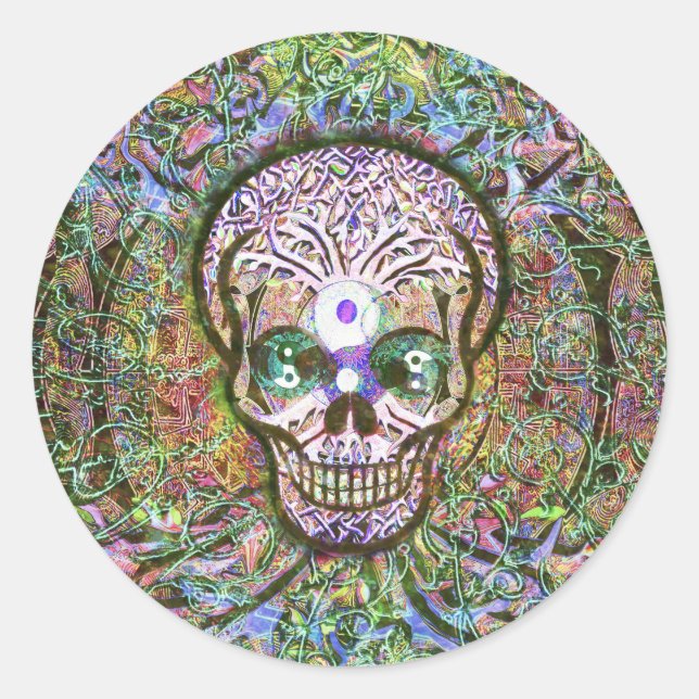 Tree of Life, Yin Yang Eyes, Skull Classic Round Sticker (Front)