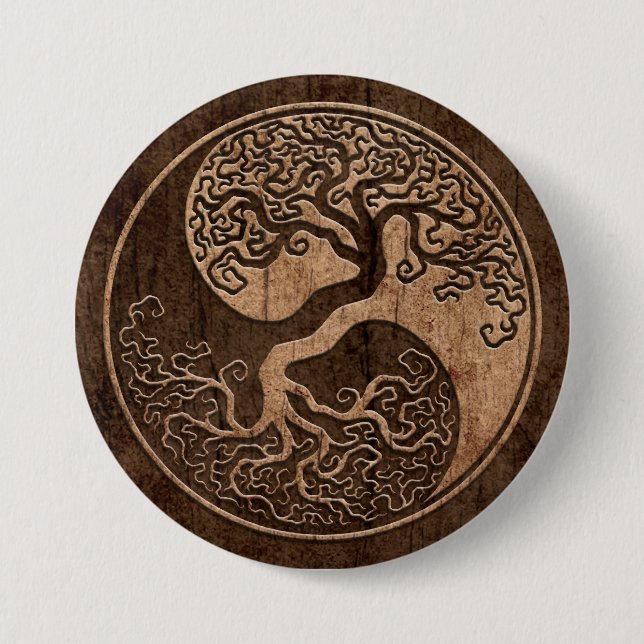 Tree of Life Yin Yang with Wood Grain Effect 3 Inch Round Button (Front)