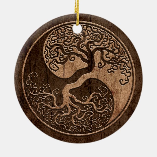 Tree of Life Yin Yang with Wood Grain Effect Ceramic Ornament (Back)