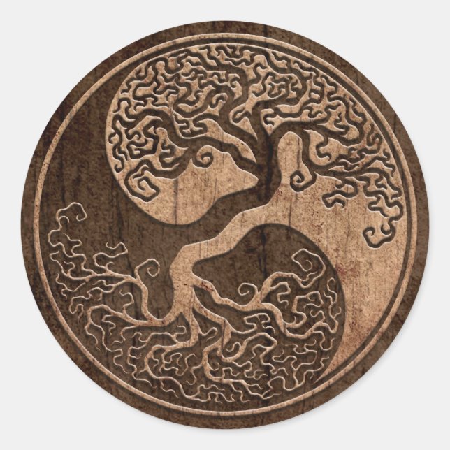 Tree of Life Yin Yang with Wood Grain Effect Classic Round Sticker (Front)