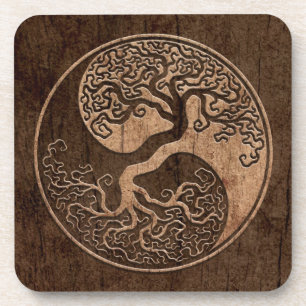 Tree of Life Yin Yang with Wood Grain Effect Coaster