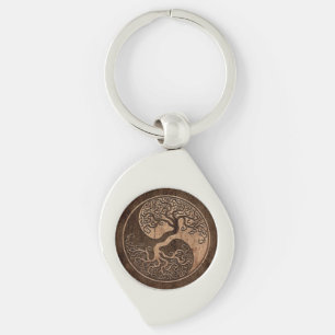 Tree of Life Yin Yang with Wood Grain Effect Keychain