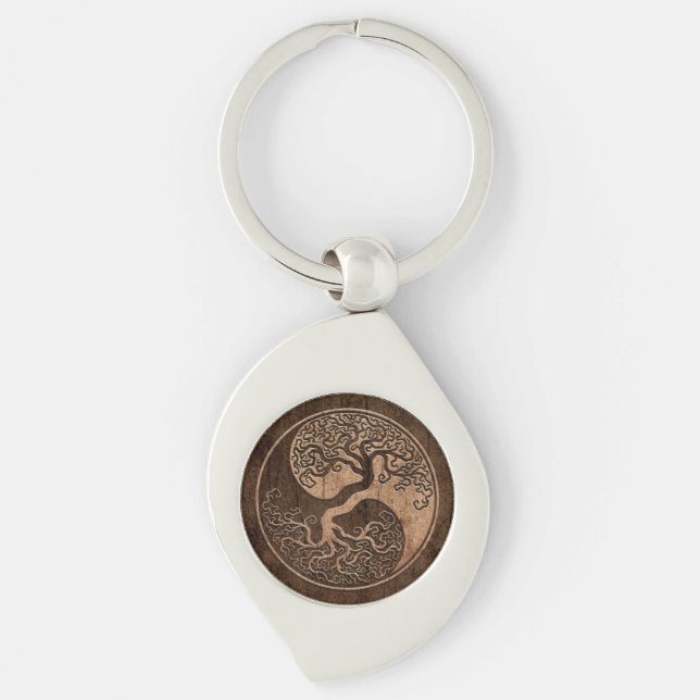 Tree of Life Yin Yang with Wood Grain Effect Keychain (Front)