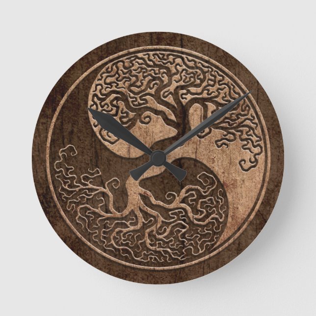 Tree of Life Yin Yang with Wood Grain Effect Round Clock (Front)