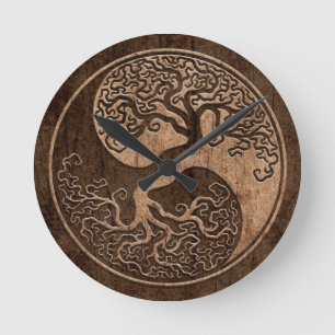 Tree of Life Yin Yang with Wood Grain Effect Round Clock