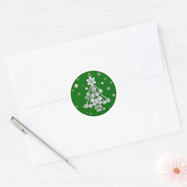 Tree Ornament and Snowflakes Over Green Classic Round Sticker (Envelope)