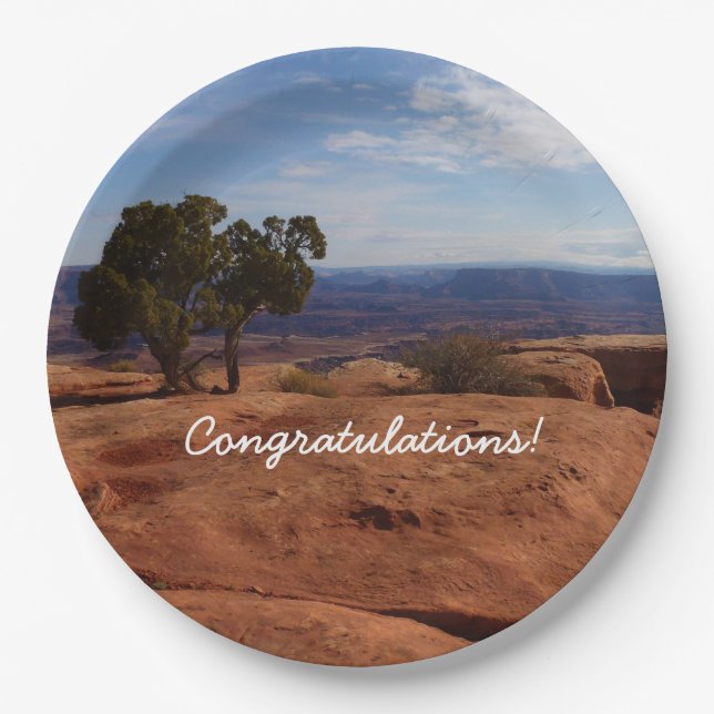 Tree Out of Red Rocks I at Canyonlands Paper Plate (Front)