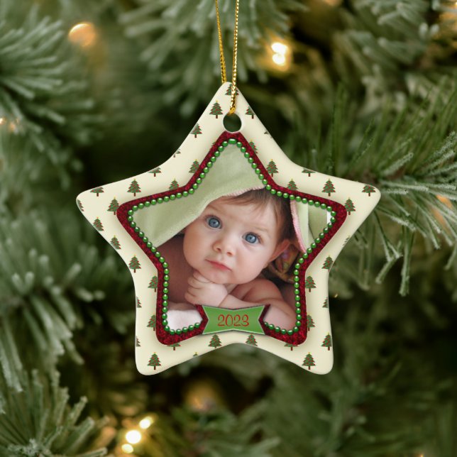Tree Pattern Baby's First Christmas 2023 Star Ceramic Ornament (Tree)