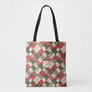 Tree pattern christmas patchwork green red name tote bag