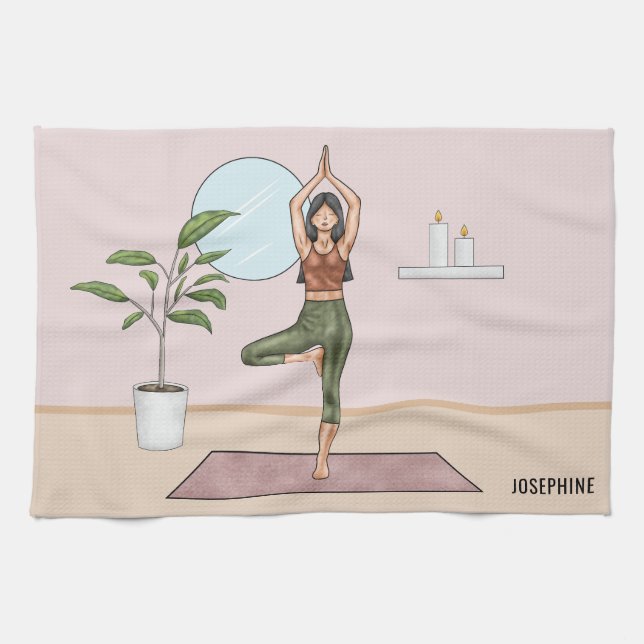 Tree Pose Yoga Vrikshasana Woman Personalized Name Kitchen Towel (Horizontal)