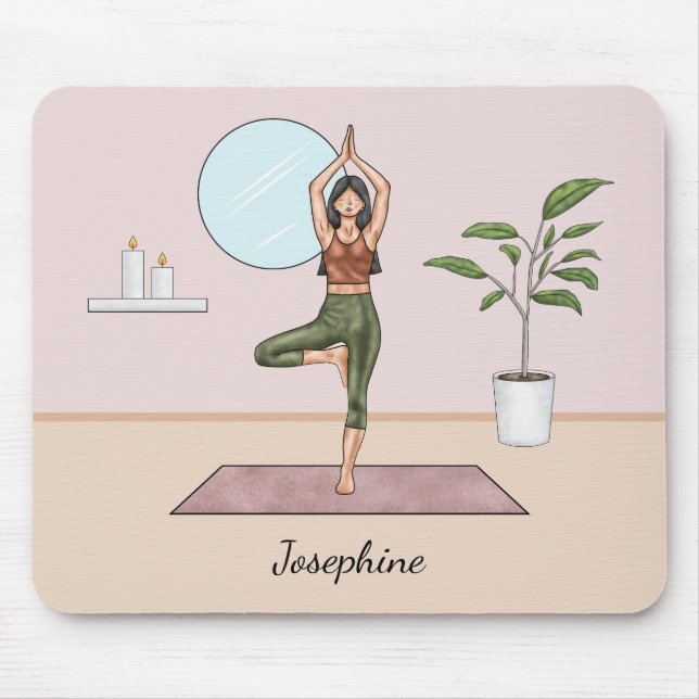Tree Pose Yoga Vrikshasana Woman With Custom Name Mouse Pad (Front)