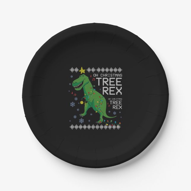 Tree Rex Ugly Christmas Sweater Dino T-rex Funny O Paper Plate (Front)