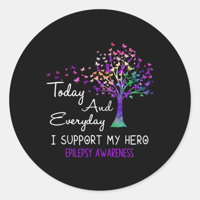 Tree Ribbon I Support My Hero Epilepsy Awareness  Classic Round Sticker (Front)