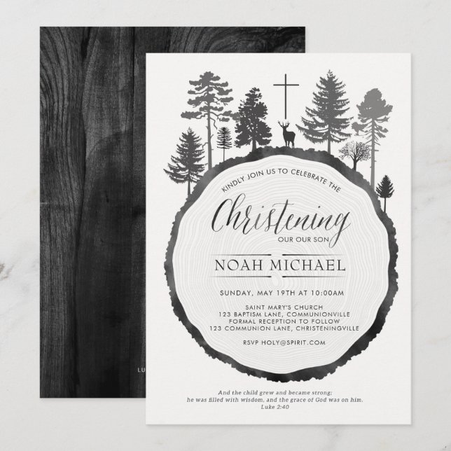 Tree Ring with Deer Christening Invitation (Front/Back)
