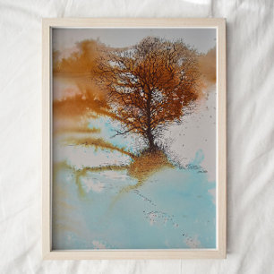 Tree Rust Blue Watercolor Ink Art Poster