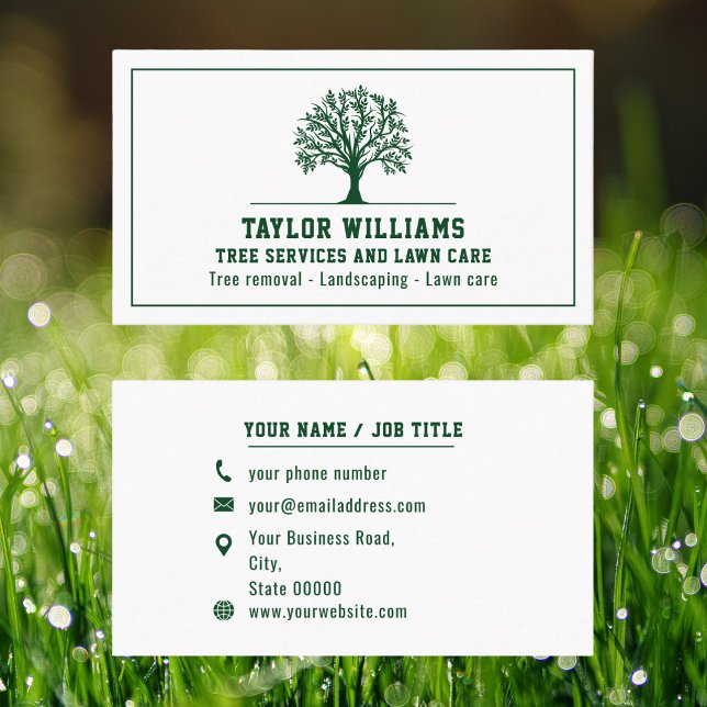 Tree Service Lawn Care Landscaping Green And White Business Card (Creator Uploaded)