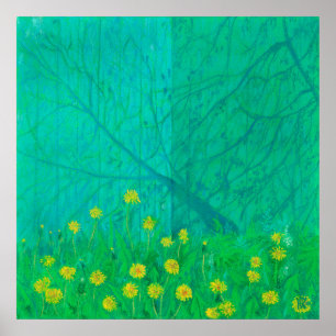 Tree Shadows & Dandelions, Summer Flowers Painting Poster
