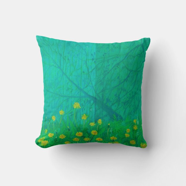 Tree Shadows & Dandelions, Summer Flowers Painting Throw Pillow (Front)