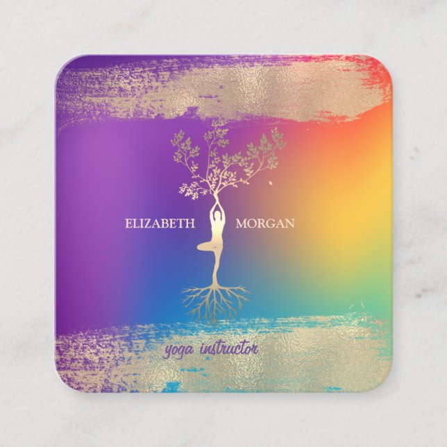 Tree Silhouet Gold Brush Stroke Ombre Holographic Square Business Card (Front)