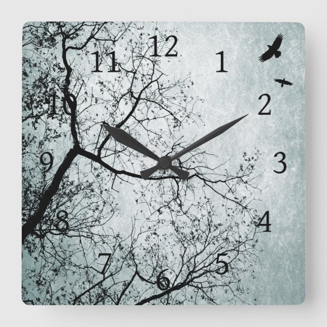 Tree silhouette Birds Design 24 Blue Square Wall Clock (Front)
