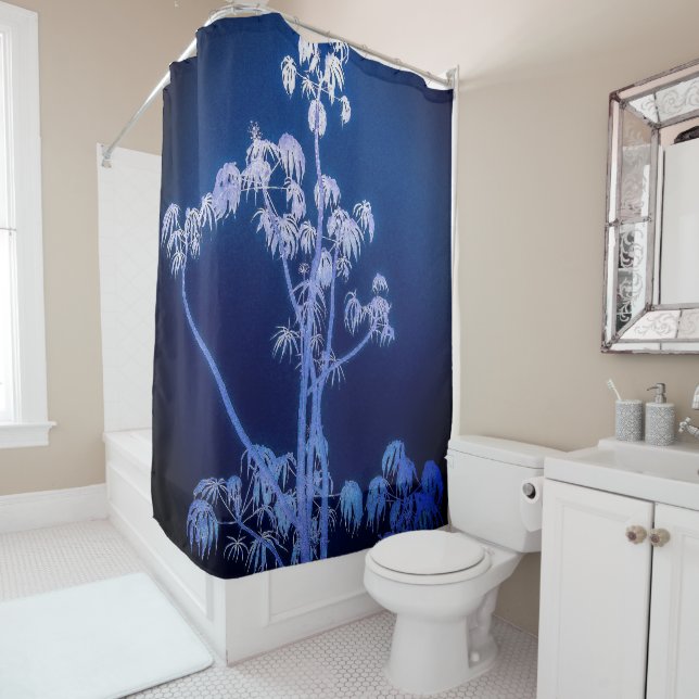Tree Silhouette In Royal Blues Shower Curtain (In Situ)