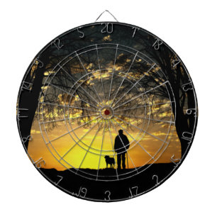 Tree Silhouette of Man and Dog at Sunset Dartboard