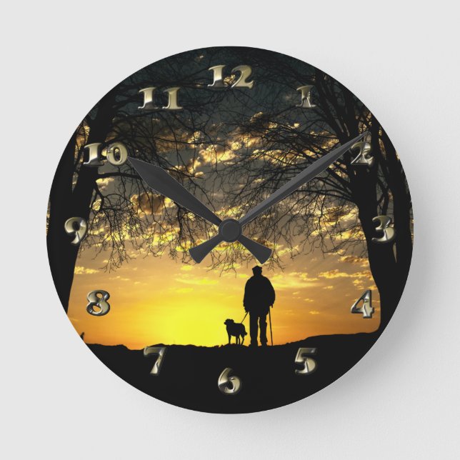 Tree Silhouette of Man and Dog at Sunset Round Clock (Front)