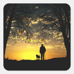 Tree Silhouette of Man and Dog at Sunset Square Sticker
