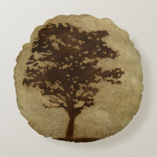 Tree Silhouette on Bronze Background Round Pillow