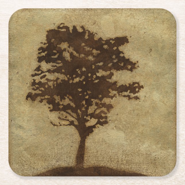 Tree Silhouette on Bronze Background Square Paper Coaster (Front)