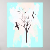 Tree Silhouette With Birds - Poster Print