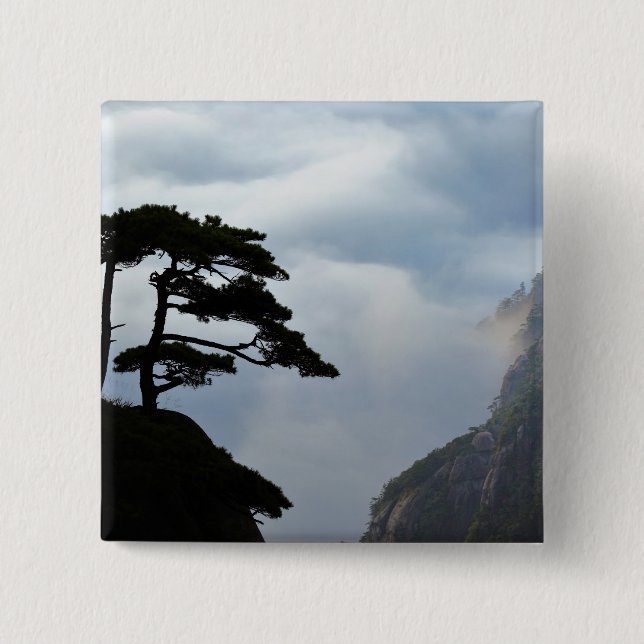 Tree silhouetted at sunrise, Yellow Mountain, 2 Inch Square Button (Front)