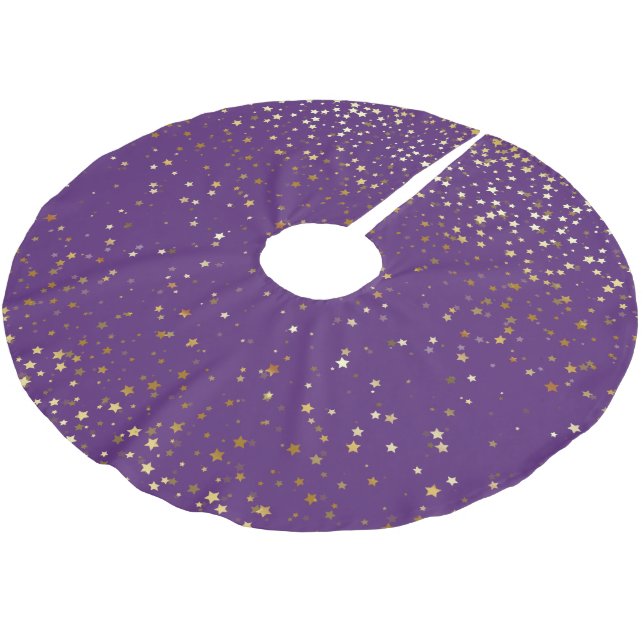 Tree Skirt-Gold Stars Purple Brushed Polyester Tree Skirt (Angled)