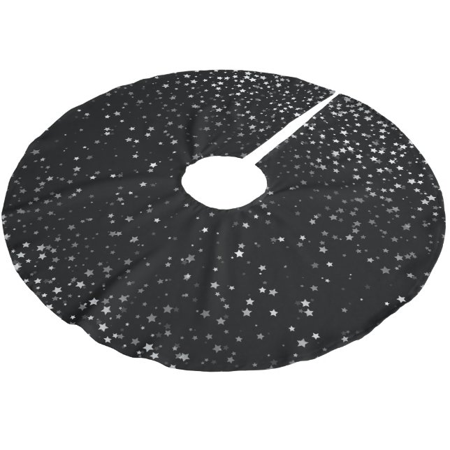 Tree Skirt-Silver-Grey Stars Black Brushed Polyester Tree Skirt (Angled)